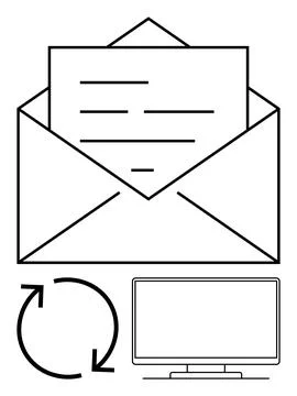 E-mail envelope with letter, sync arrows, and computer screen in outline st.. 스톡 일러스트