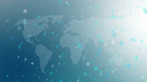 E-mail icon flying randomly on the background of the world map. New E-Mail Stock Footage 229548559