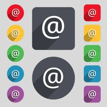 E-Mail icon sign. A set of 12 colored buttons and a long shadow. Flat design. Stock Illustration