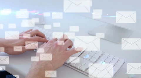 An E-mail interface over hands typing Video stock 51764507