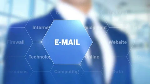 E-mail, Man Working on Holographic Interface, Visual Screen Video stock 74492919