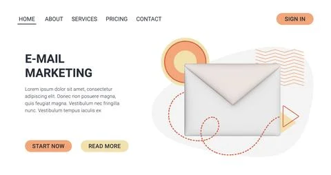 E-mail Marketing Website template with 3D envelope. Promotional page with Stock Illustration
