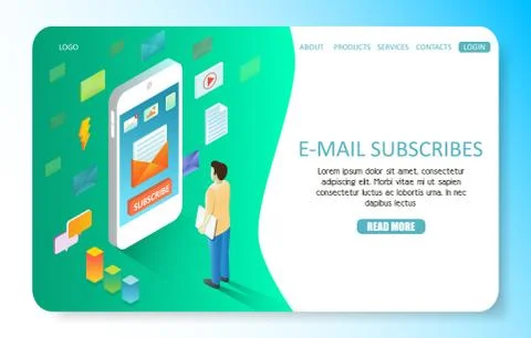 E-mail subscribe landing page website vector template Stock Illustration