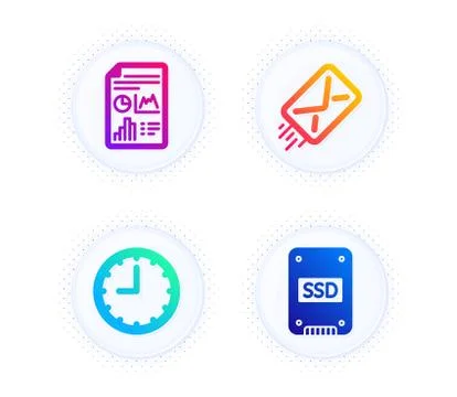 E-mail, Time and Report document icons set. Ssd sign. Mail delivery, Office Illustrazione stock