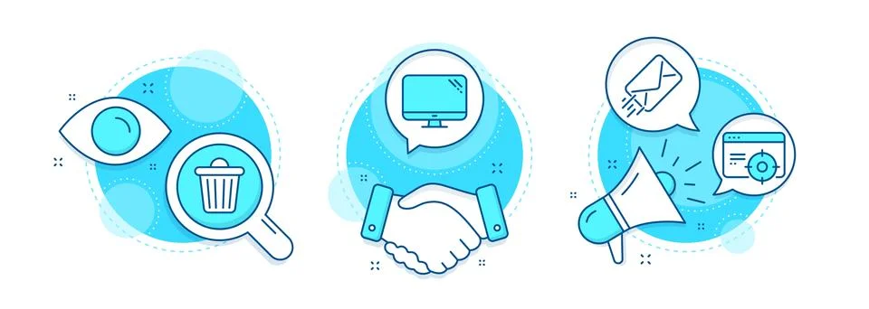 E-mail, Trash bin and Seo targeting icons set. Computer sign. Mail delivery Stock Illustration