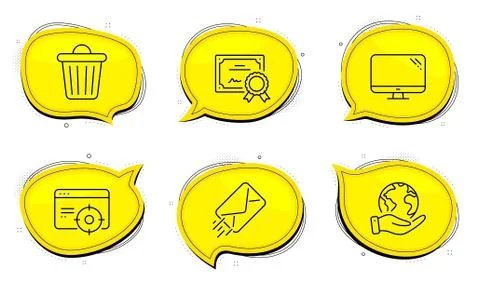 E-mail, Trash bin and Seo targeting icons set. Computer sign. Mail delivery Stock Illustration
