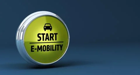 E-Mobility Start button on blue bakground 3D Rendering Stock Illustration
