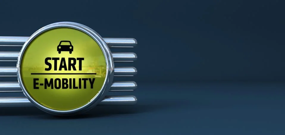 E-Mobility Start button on blue bakground 3D Rendering Stock Illustration