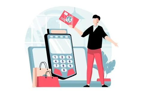 E-payment concept with people scene in flat design. Man pays for purchases .. Stock Illustration