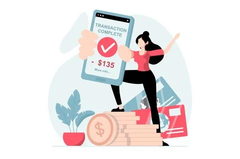 E-payment concept with people scene in flat design. Woman successfully make.. Stock Illustration