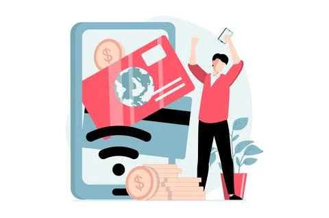 E-payment concept with people scene in flat design. Man pays online with cred Stock Illustration