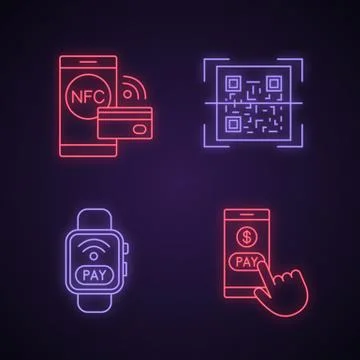 E-payment neon light icons set Stock-Illustration