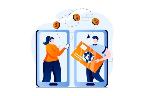 E-payment process concept with people scene in flat cartoon design. Woman Stock Illustration