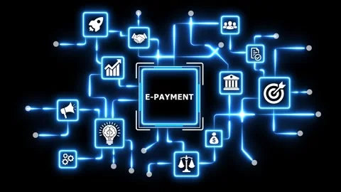 E-payment text animation with business icon set on black background. Stock-Footage 337331043
