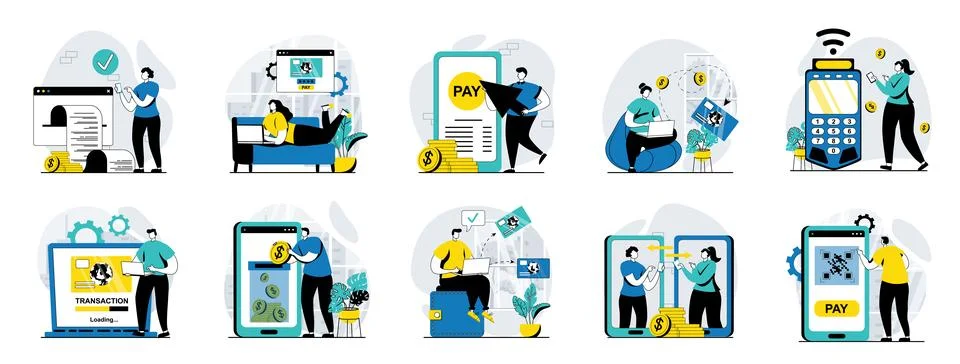 E-payment web concept with people scenes mega set in flat design. Bundle of c Stock Illustration