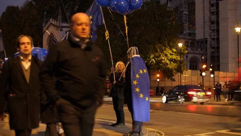 E Pedestrians pass EU demonstrator outside Parliament at night 4K Stock Footage 122226567