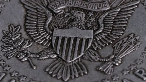 E pluribus unum design half dollar coin metal texture turn table Stock Footage 289457345