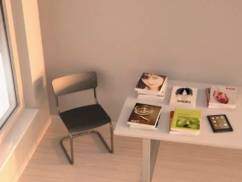 E-reader and books lying on a table, 3D Rendering Stock Illustration