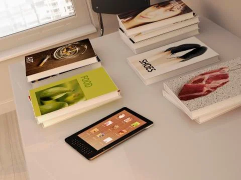 E-reader and books lying on a table, 3D Rendering 스톡 일러스트
