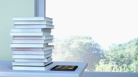 E-reader and stack of book lying on a table in front of a window, 3D Rendering 스톡 일러스트