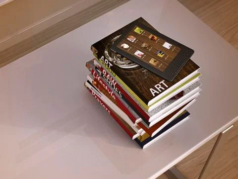 E-reader and stack of books lying on a table, 3D Rendering Stockillustratie