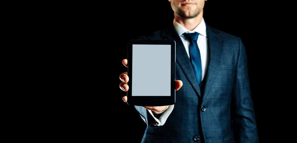 E reader. Digital e book, library reader tablet in business man hand. Online  Stock Photos