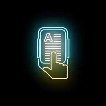 E reader screen with finger tapping glowing neon icon 스톡 일러스트