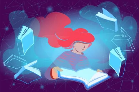 E reading concept in modern style. Woman reads online books. Distance education Stock Illustration