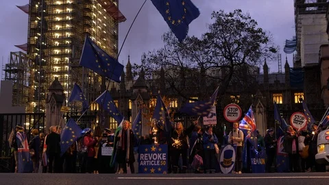 E Revoke article 50 protest at night outside Parliament 4K Stock Footage 122227247