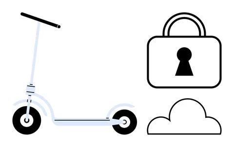E-scooter beside a cloud and padlock, signifying mobility and cybersecurity i Stock Illustration