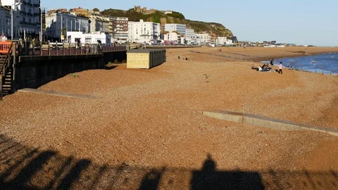 E Shadows on Hastings beach 4K Video stock 118378495
