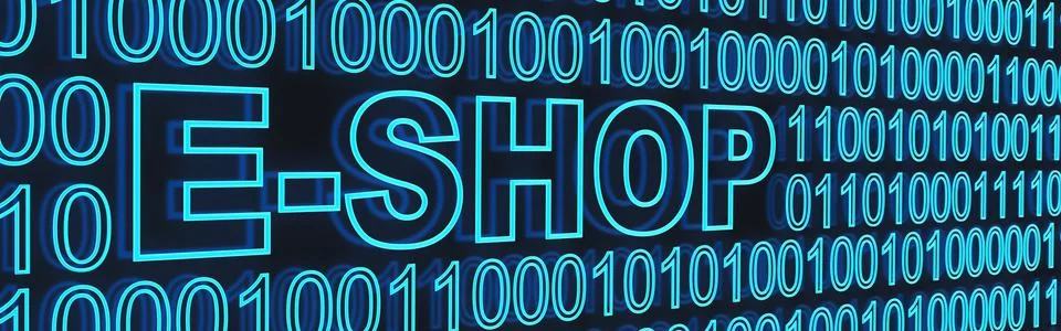 E-shop and binaty code (done in 3d) Ilustración de archivo