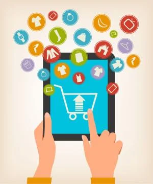 E-shopping concept. hands touching a tablet with shopping icons. vector. Stock Illustration