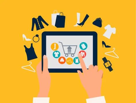 E-shopping concept. hands touching a tablet with shopping icons. vector. Stock Illustration