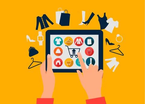 E-shopping concept. hands touching a tablet with shopping icons. Stock Illustration