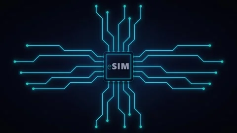 E sim technology concept: digital microchip with glowing circuit board data.. Stock Footage 337560429