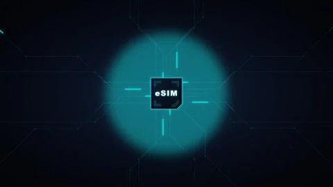 E sim technology concept: digital sim card chip with futuristic cyber circu.. Stock Footage 337560466