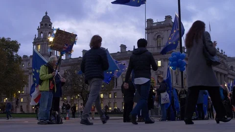 E Slow motion EU supporters against BREXIT outside Westminster at night 4K Stock Footage 122208105