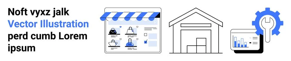 E-store interface with products, warehouse building, analytics dashboard, and Ilustración de archivo