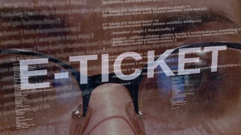 E-ticket text on background of female developer Stock Footage 107124317