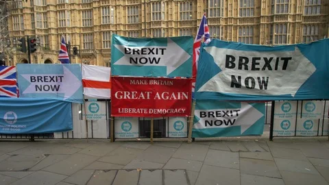 E Tracking shot Brexit Now sign slow motion people 4K Stock Footage 122029728