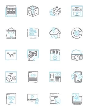 E-trading linear icons set. Digital, Securities, Bitcoin, Cryptocurrency, Stocks 스톡 일러스트
