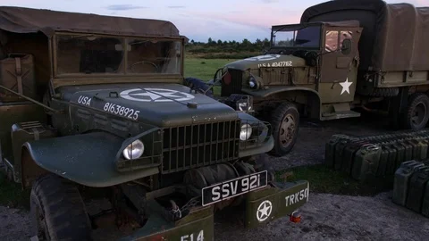 E US 2nd world war jeep and lorry in rural setting 4K Stock Footage 116255843