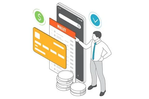 E-wallet or digital online payment. Mobile payment, shoping, banking Stock Illustration