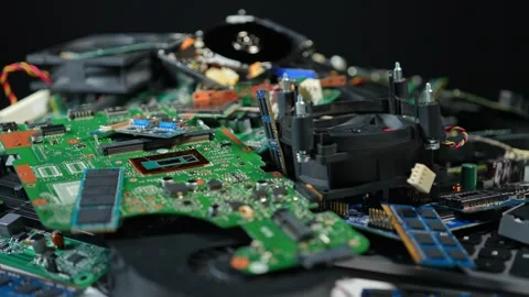 E waste and electronic parts junk from disassembled laptops, computers, AI .. Video stock 336114709
