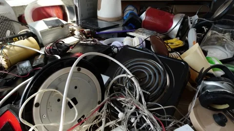 E-waste, broken electrical or electronic equipment that's been discarded Stock Footage 252782935