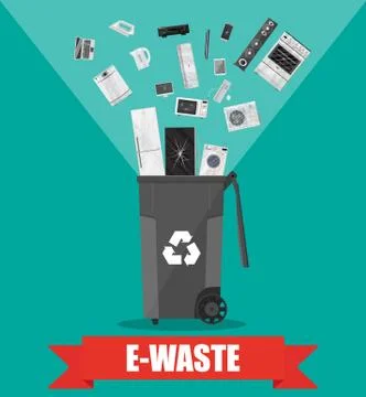 E-waste recycle bin with old electronic equipment 스톡 일러스트