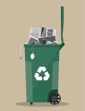 E-waste recycle bin with old electronic equipment 스톡 일러스트