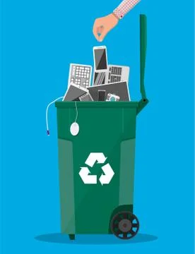 E-waste recycle bin with old electronic equipment 스톡 일러스트