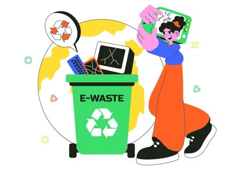 E-Waste Recycling Center Vector Illustration Featuring Electronic Waste Man.. Illustrazione stock